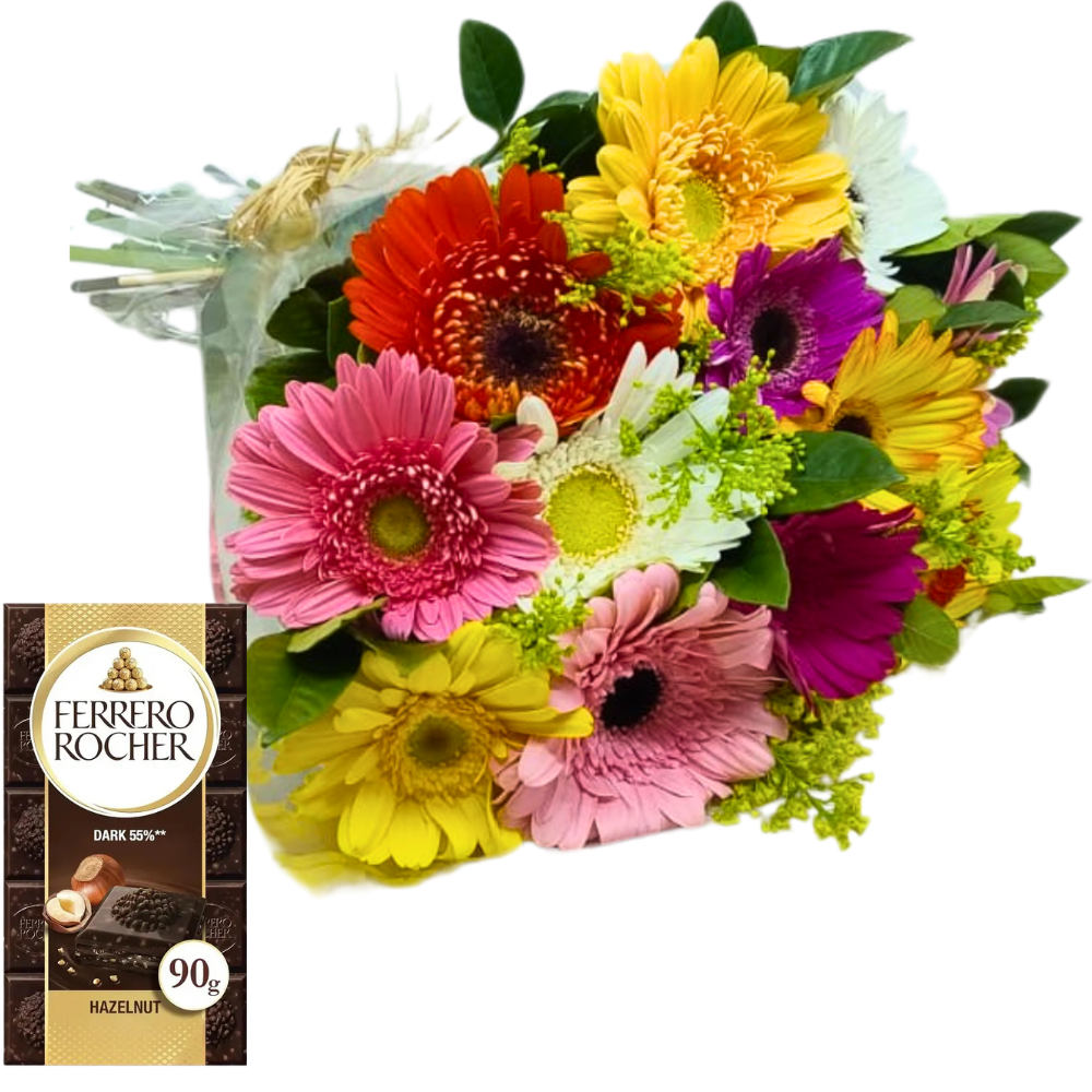 Buqu de 10 Grberas Coloridas com Chocolate Ferrero