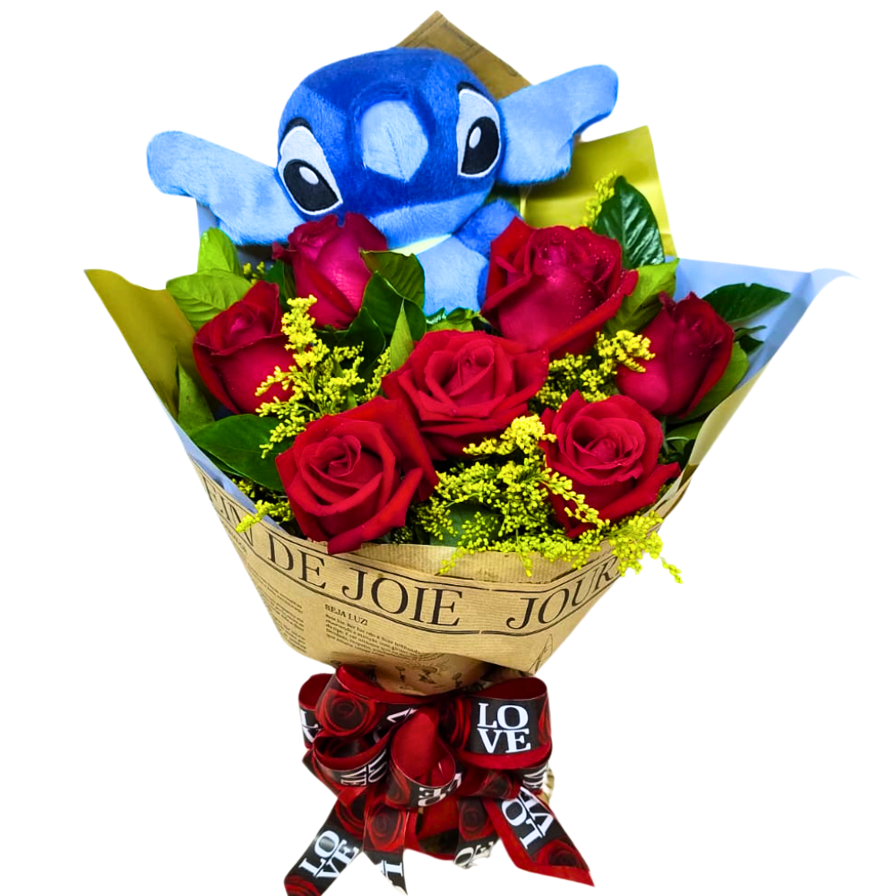 Buqu Amor Eterno - 7 Rosas Vermelhas com Stitch