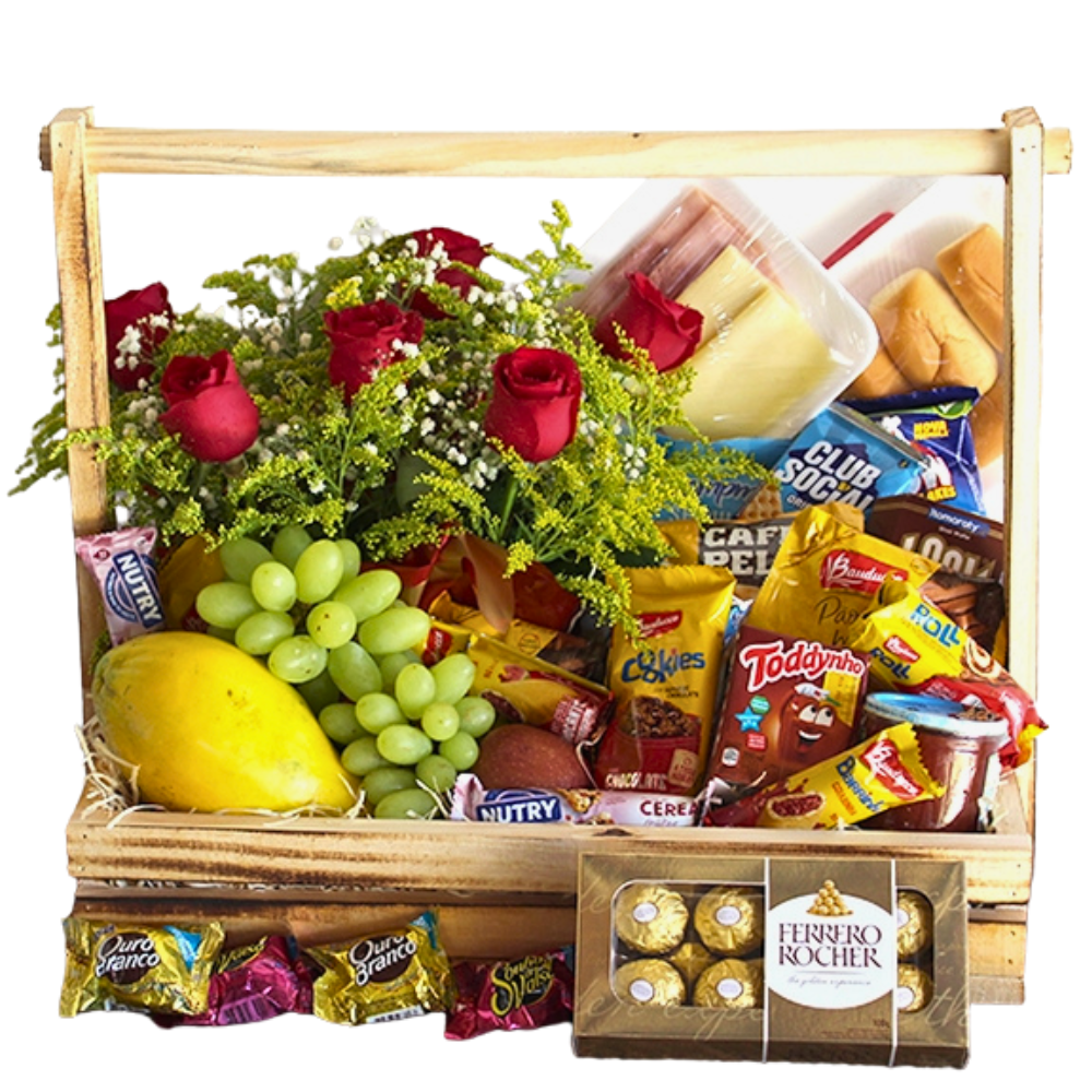 Cesta de Caf com Rosas e Delicias