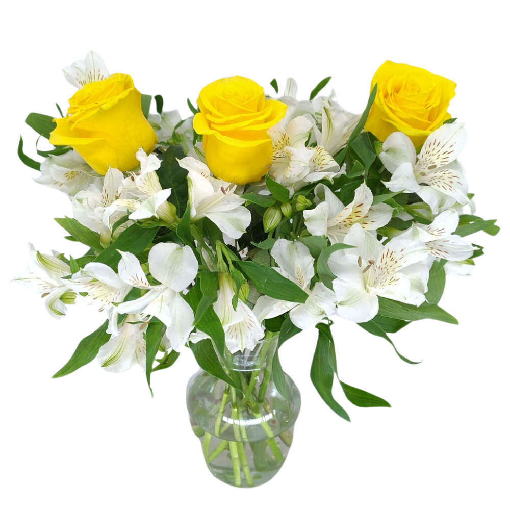 Arranjo de Rosas Amarelas e Astromlias Brancas