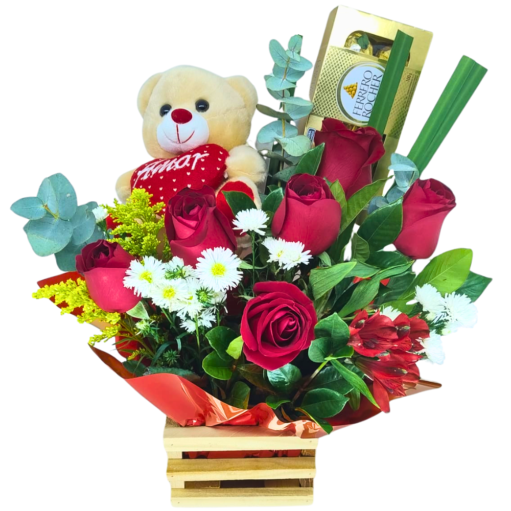 Arranjo Amor Perfeito com 6 Rosas, Ferrero Rocher e Pelcia