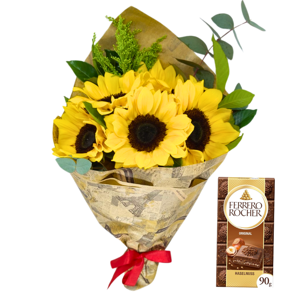 Buqu de 5 Girassis com Chocolate Ferrero