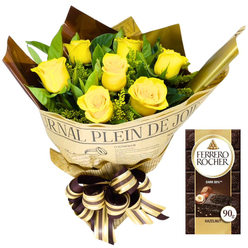 Buqu de 7 Rosas Amarelas com Chocolate Ferrero Dark
