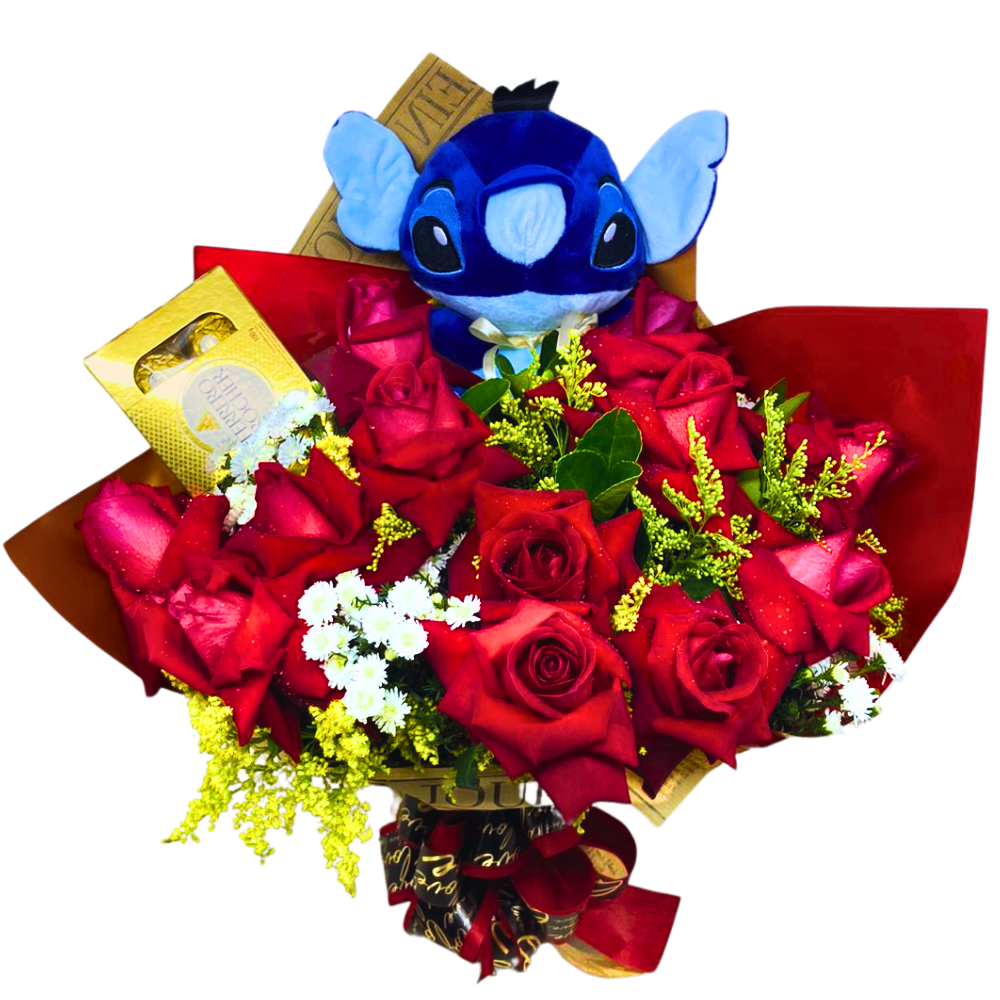 Buqu Fofura Stitch com 12 Rosas Vermelhas e Ferrero Rocher