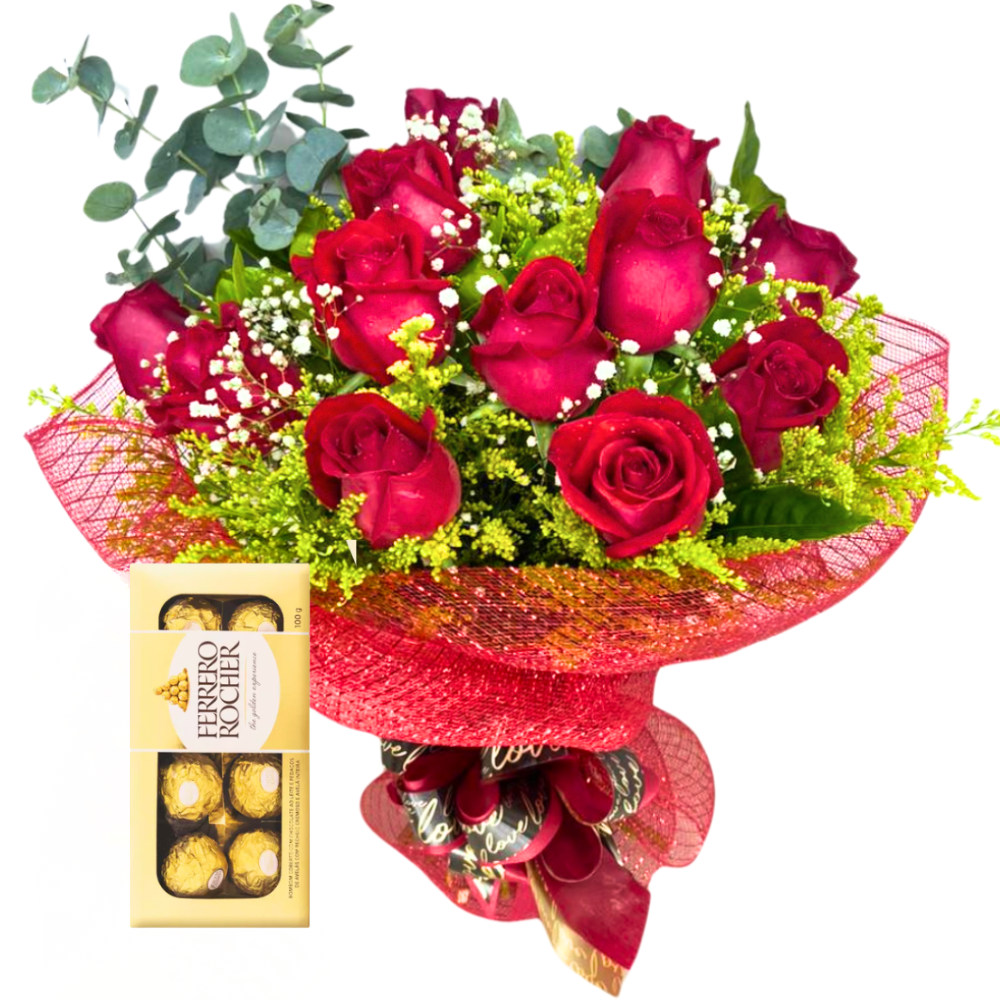 Buqu� Paix�o Eterna � 12 Rosas Colombianas & Ferrero