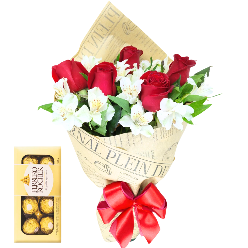 Buqu de Rosas Vermelhas e Astromlias com Ferrero
