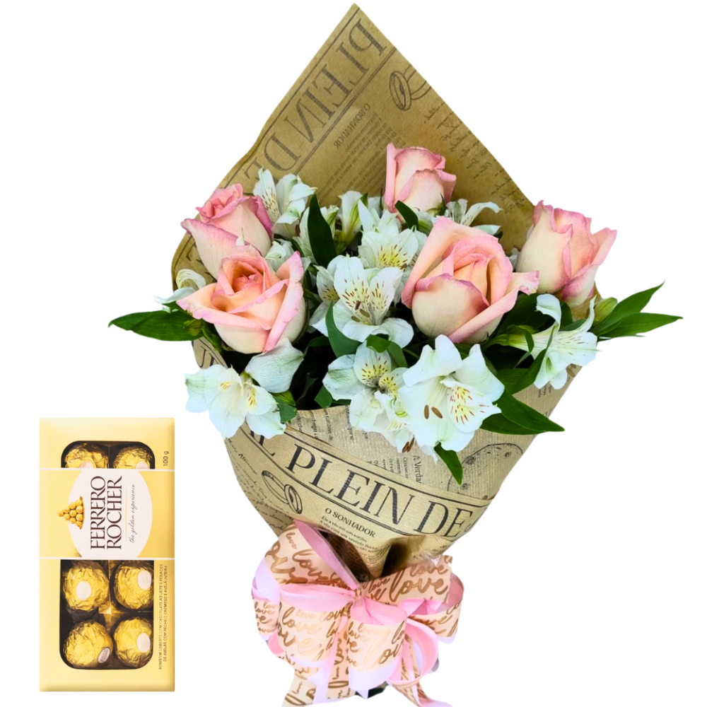 Buqu de Rosas e Astromlias com Ferrero