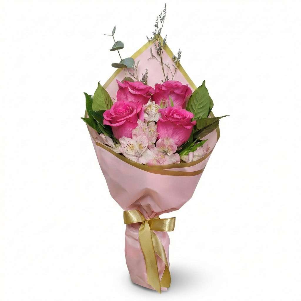MIni Buqu� Singelo � 4 Rosas Cor-de-Rosa
