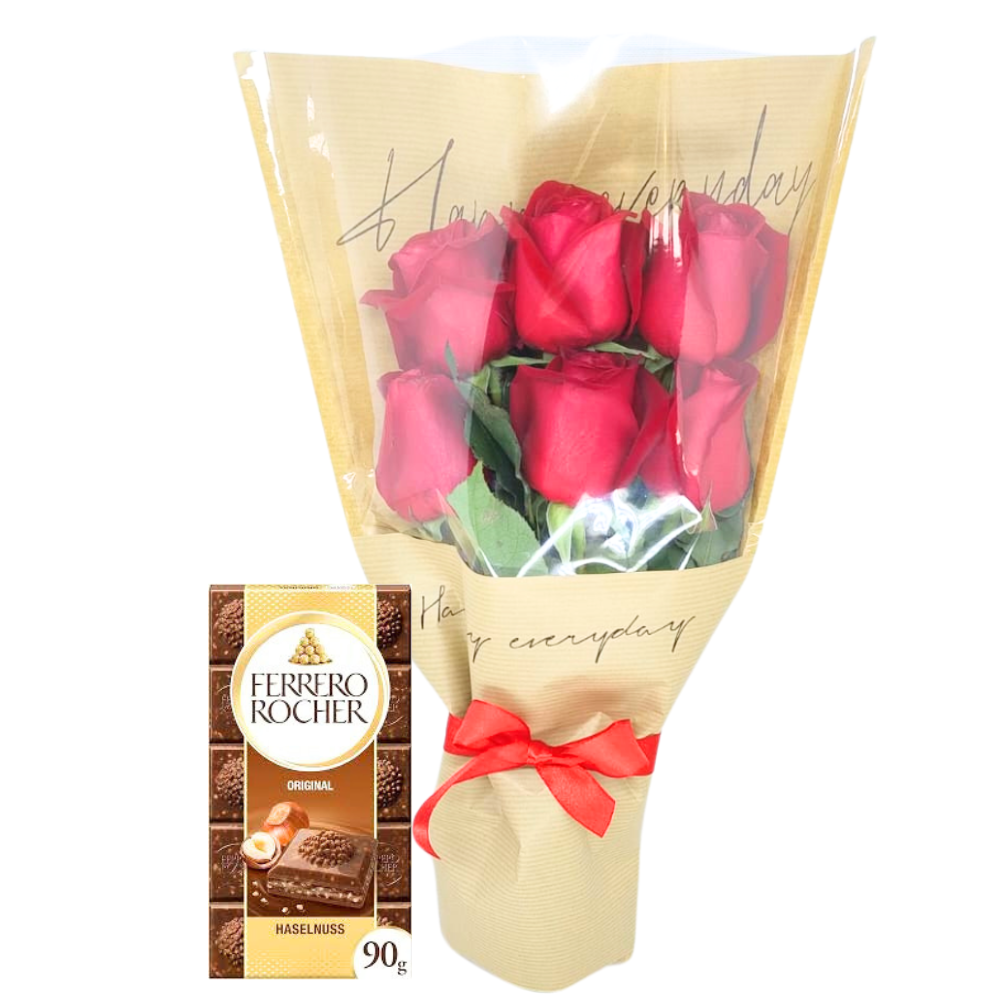 Buqu 6 Rosas Vermelhas e Ferrero em Barra
