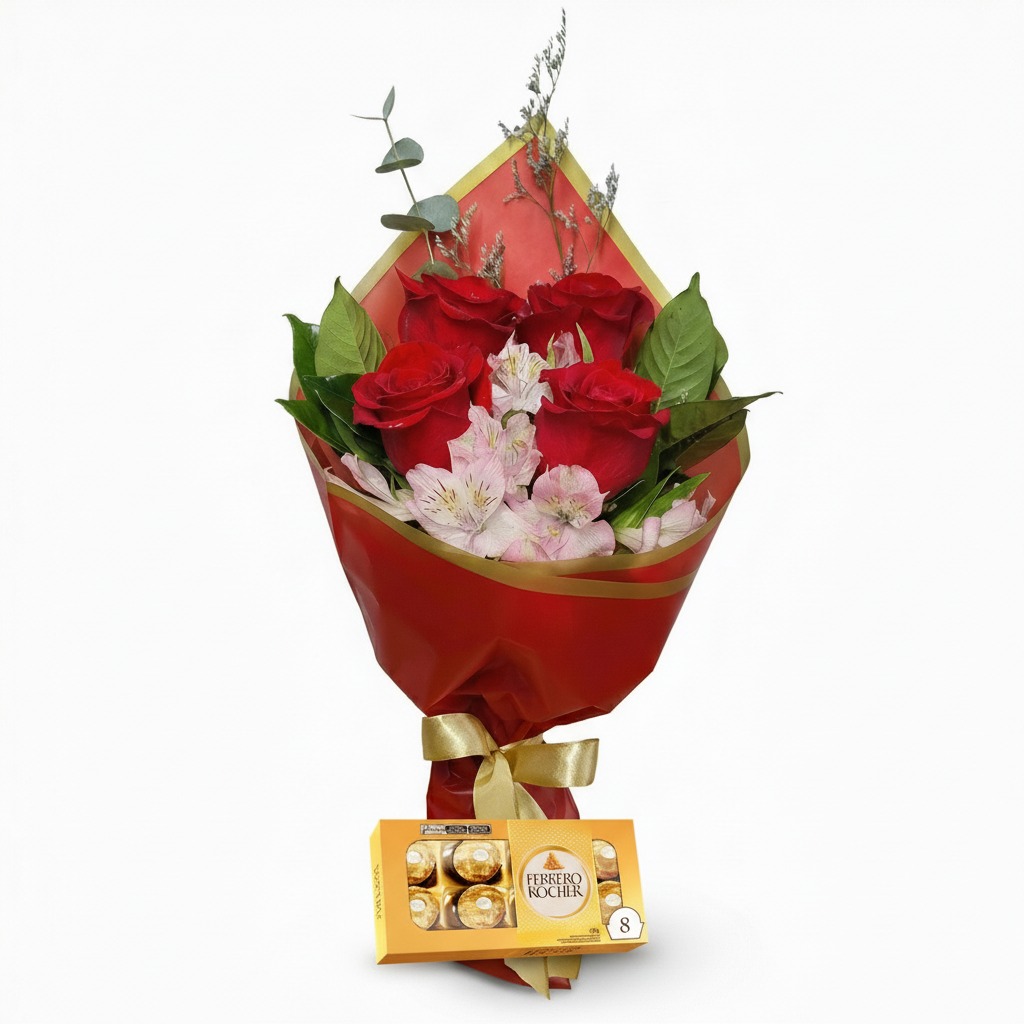 Buqu� 4 Rosas Importada e Ferrero Rocher  - Brilho Vermelho