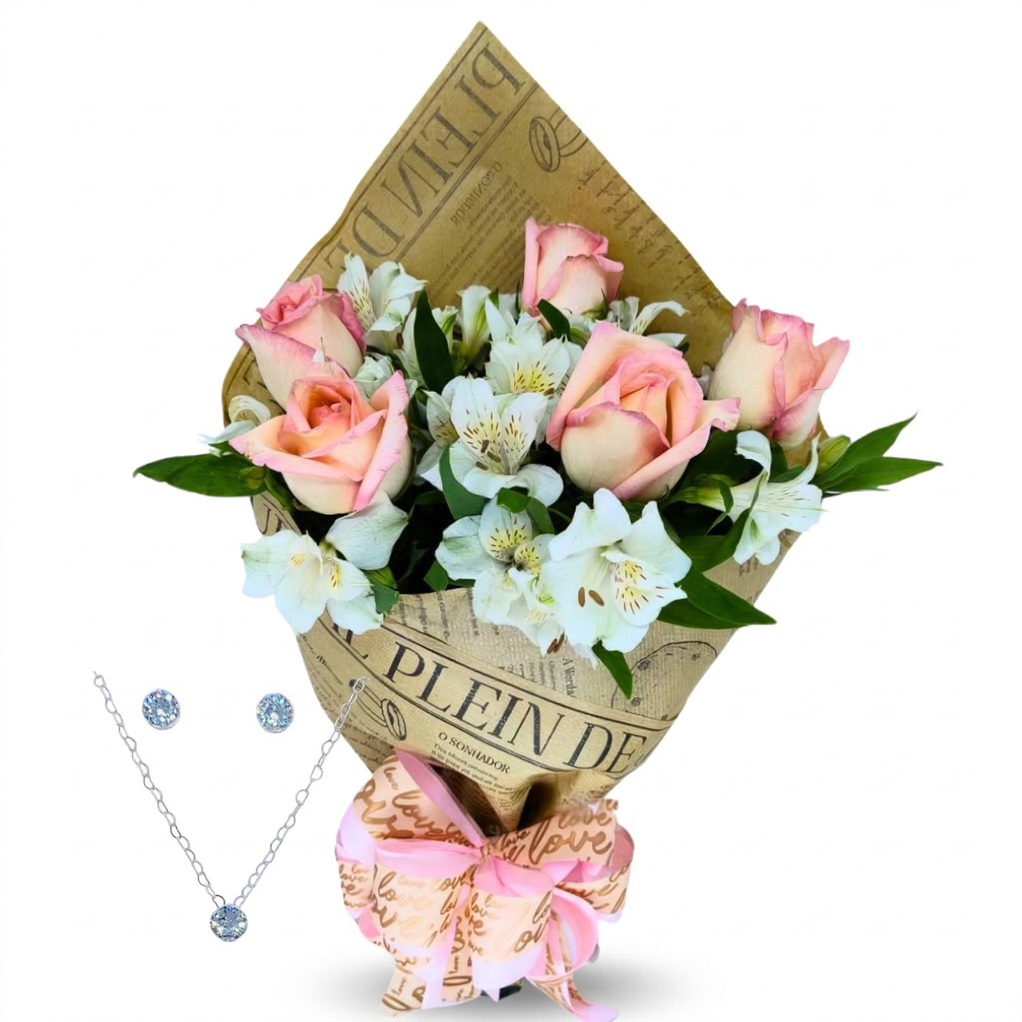 Buqu� Delicado de 5 Rosas e Astrom�lias com Joia 