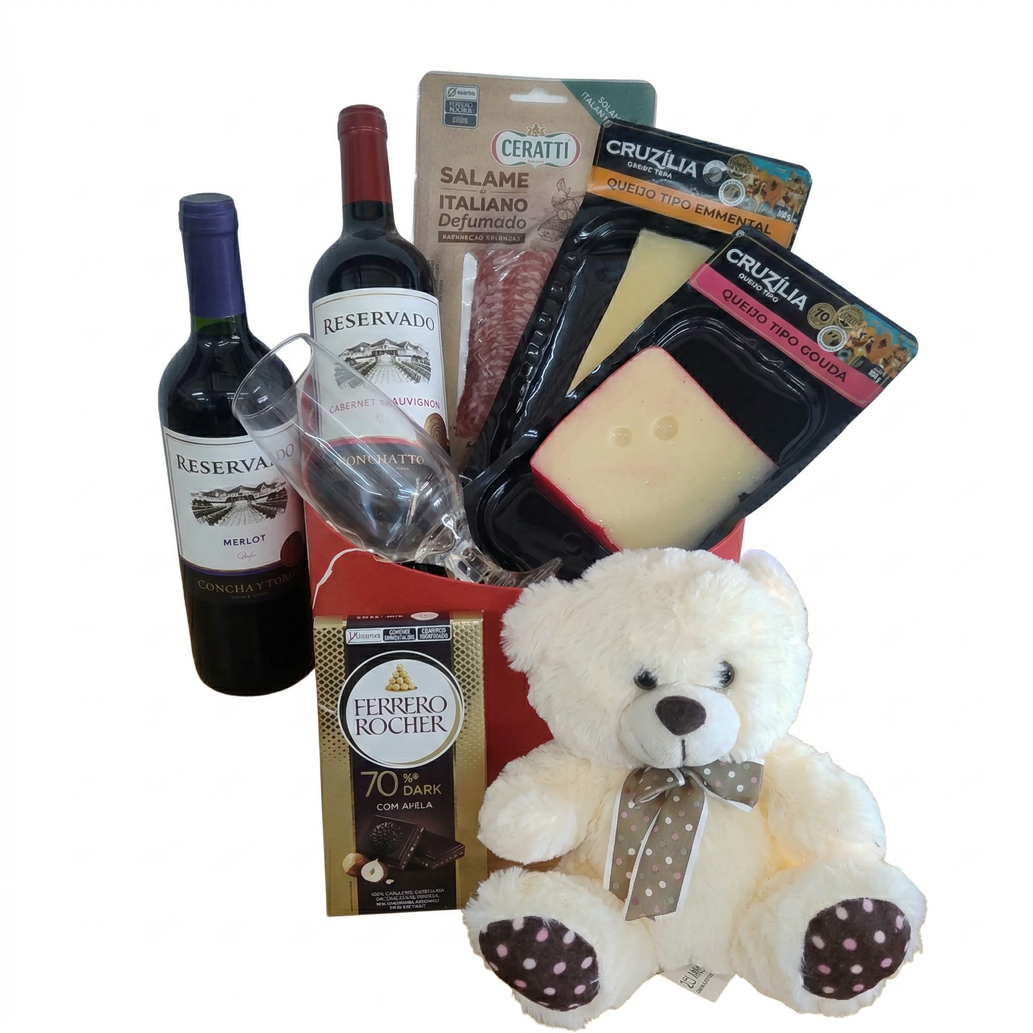 Cesta Amor & Eleg�ncia com Vinhos, Queijos, Ferrero e Pel�cia