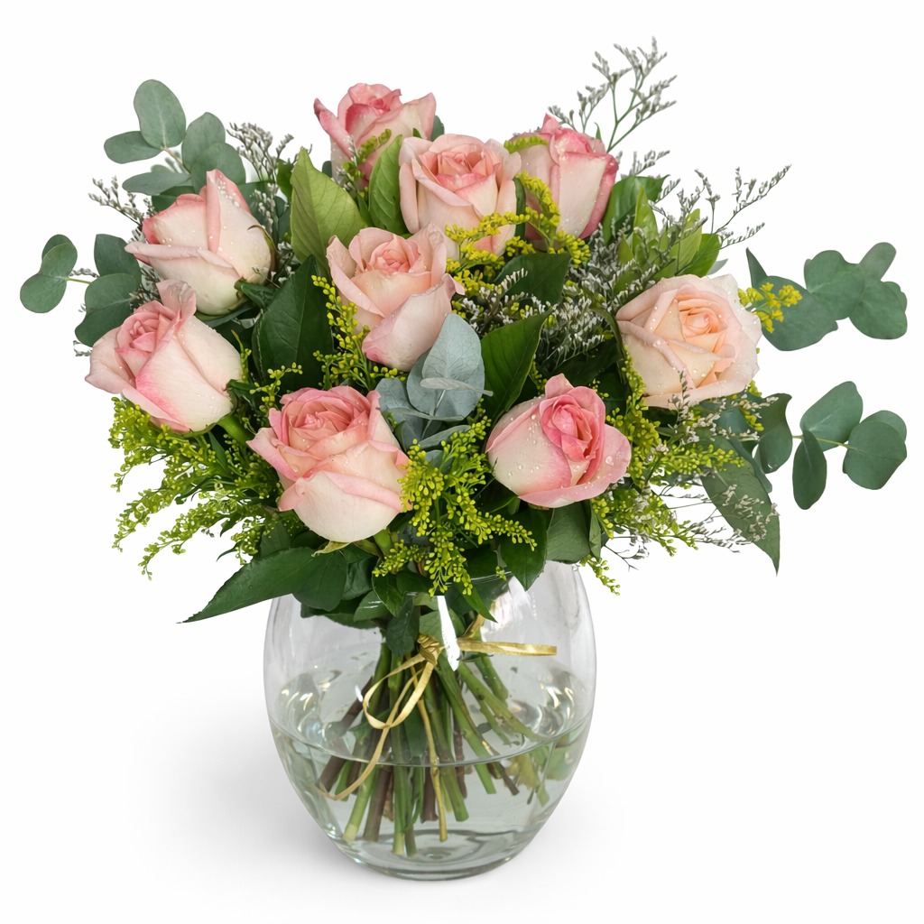 Arranjo de 9 Rosas Cor-de-Rosa no Vidro
